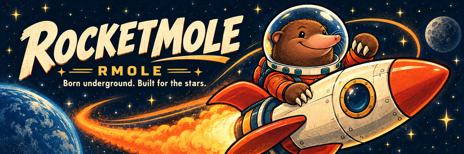 RocketMole's handmade rocket streaks across a navy starfield, leaving a golden orange trail